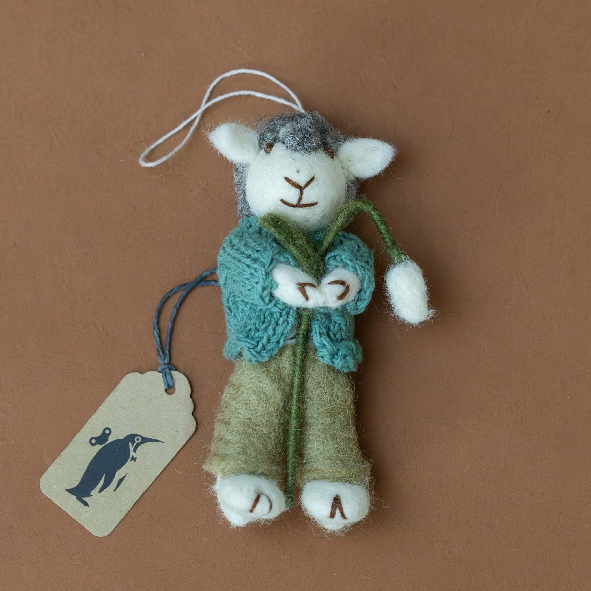 Felted Grey Sheep Ornament | Teal Jacket with Snowdrop