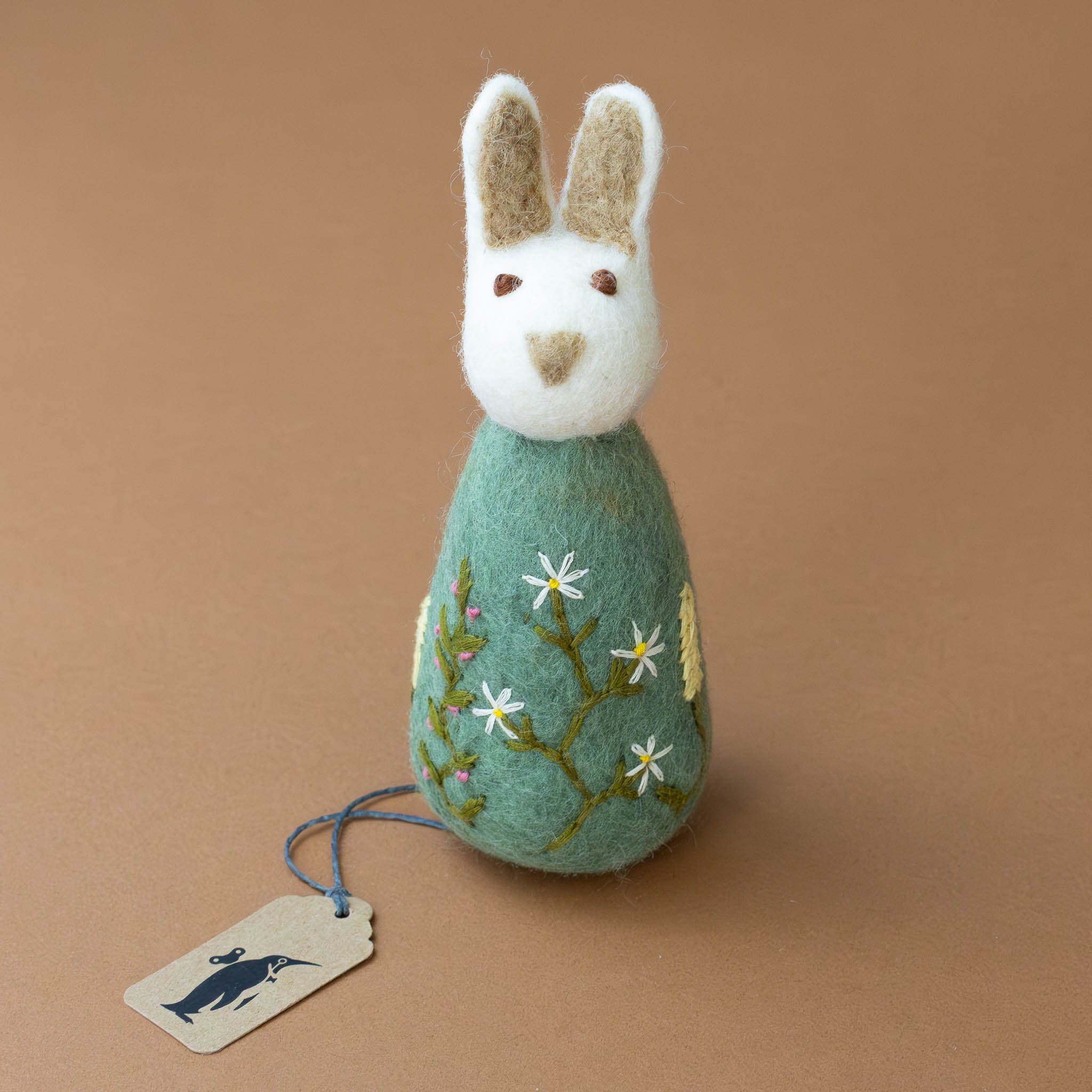 Felted Pom Bunny with Floral Embroidery | Sage