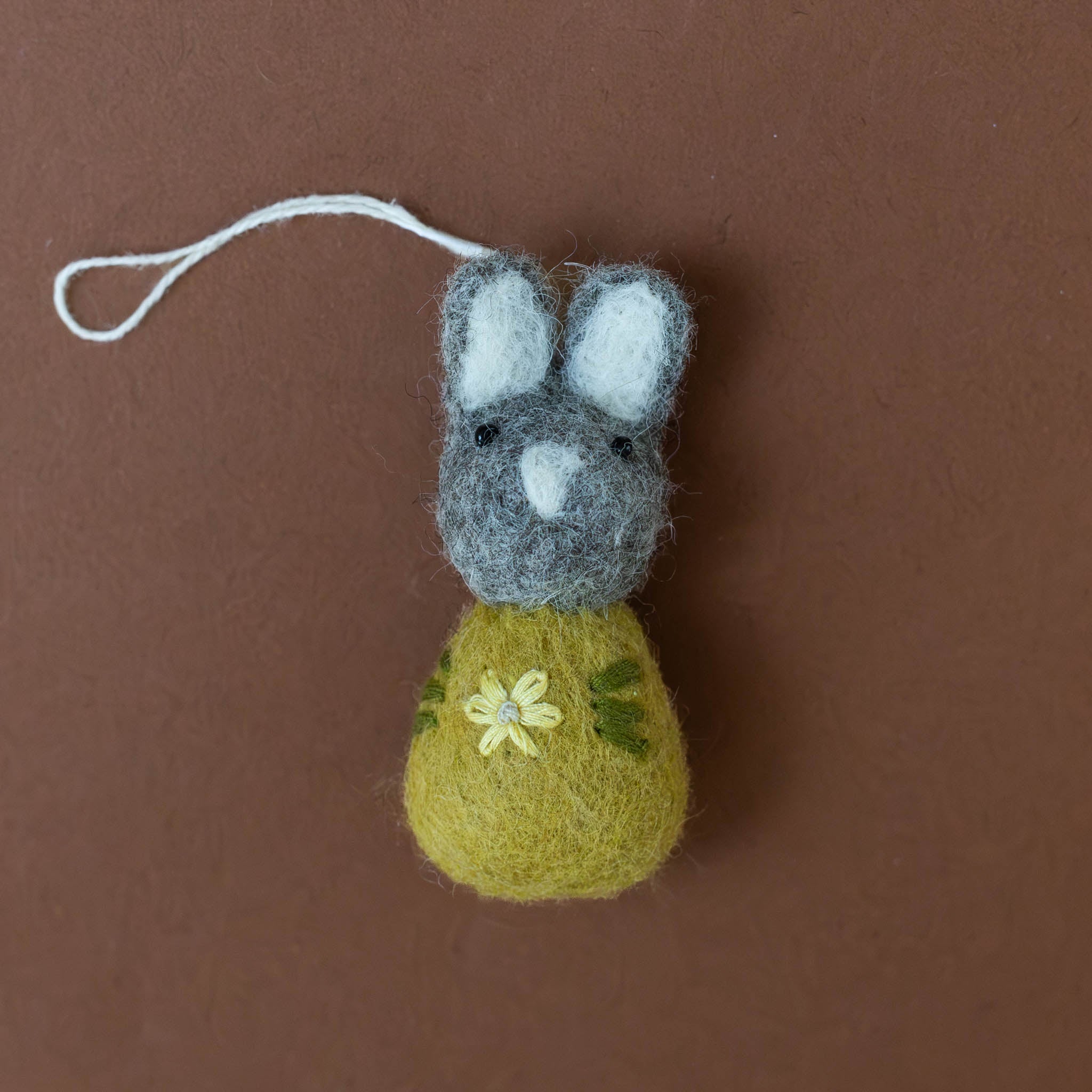 Felted Pom Pom Bunny Ornament | Grey & Ochre with Flower Embroidery
