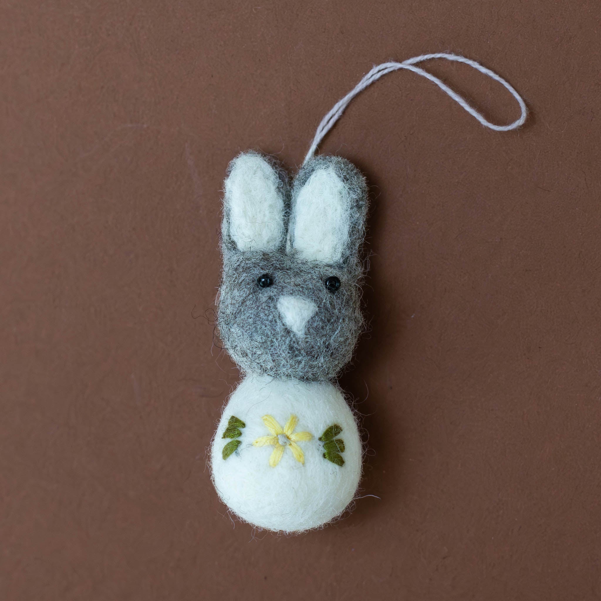 Felted Pom Pom Bunny Ornament | Grey & White with Flower Embroidery