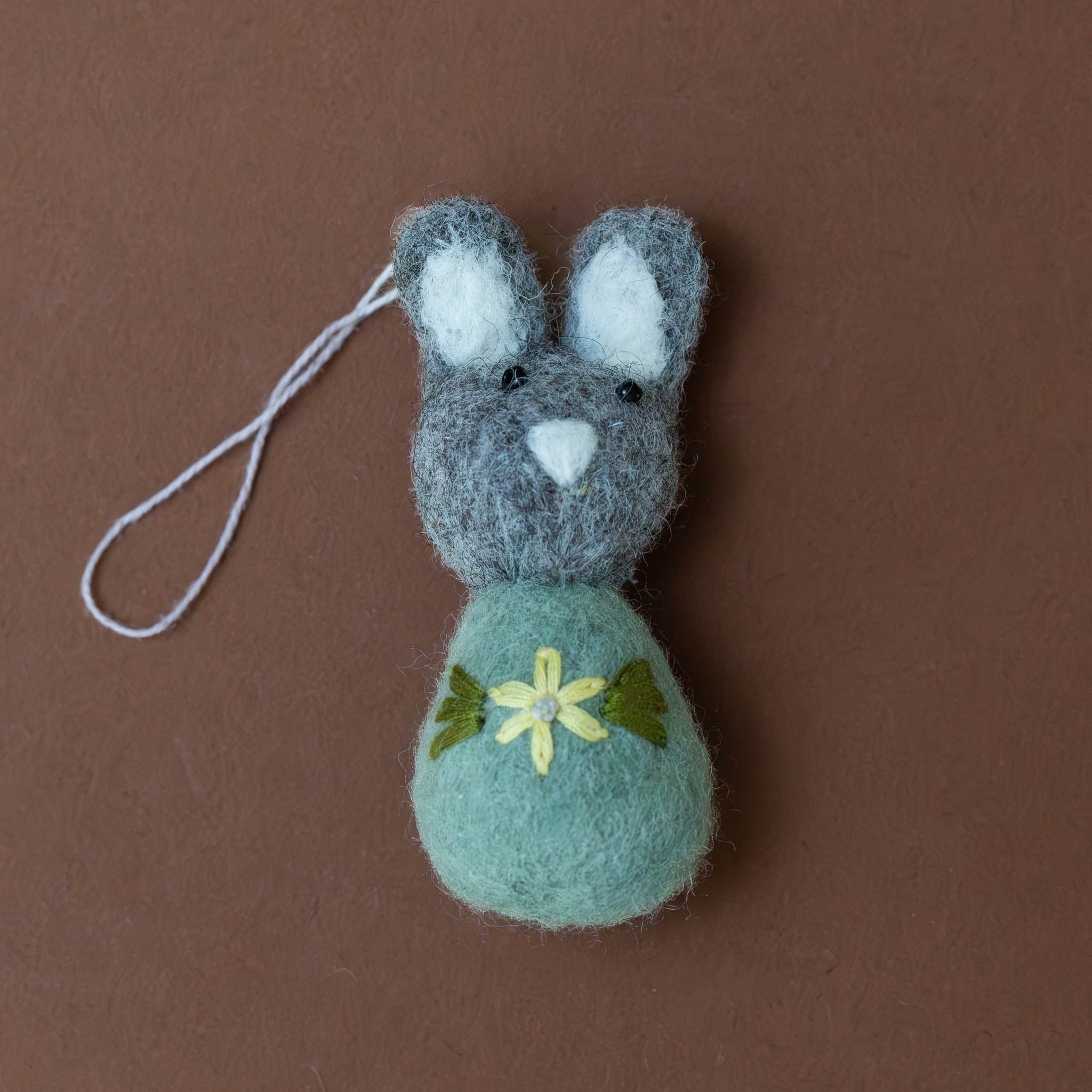 Felted Pom Pom Bunny Ornament | Grey & Sage with Flower Embroidery