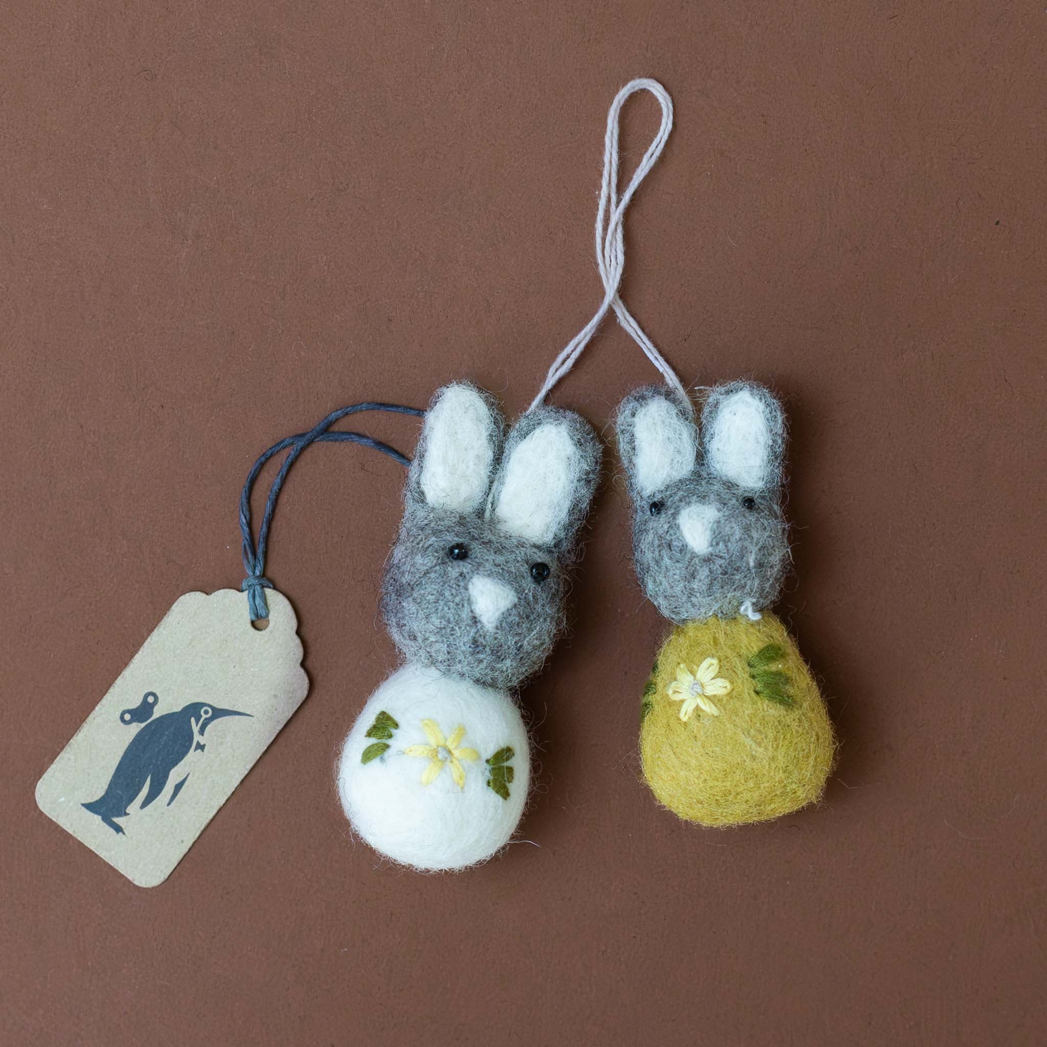 Felted Pom Pom Bunny Ornament Set | Grey Ochre with Flower Embroidery