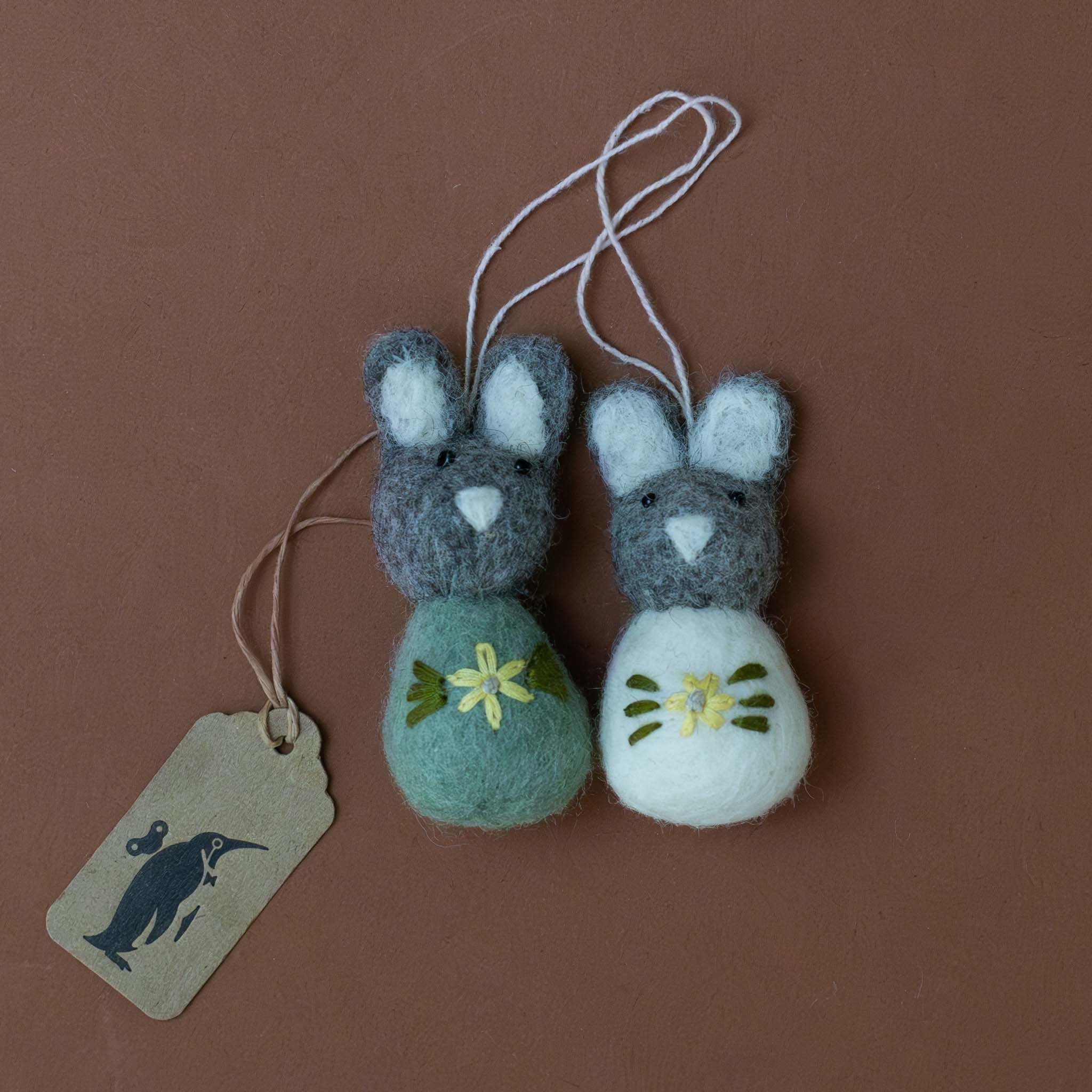 Felted Pom Pom Bunny Ornament Set | Grey Sage with Flower Embroidery