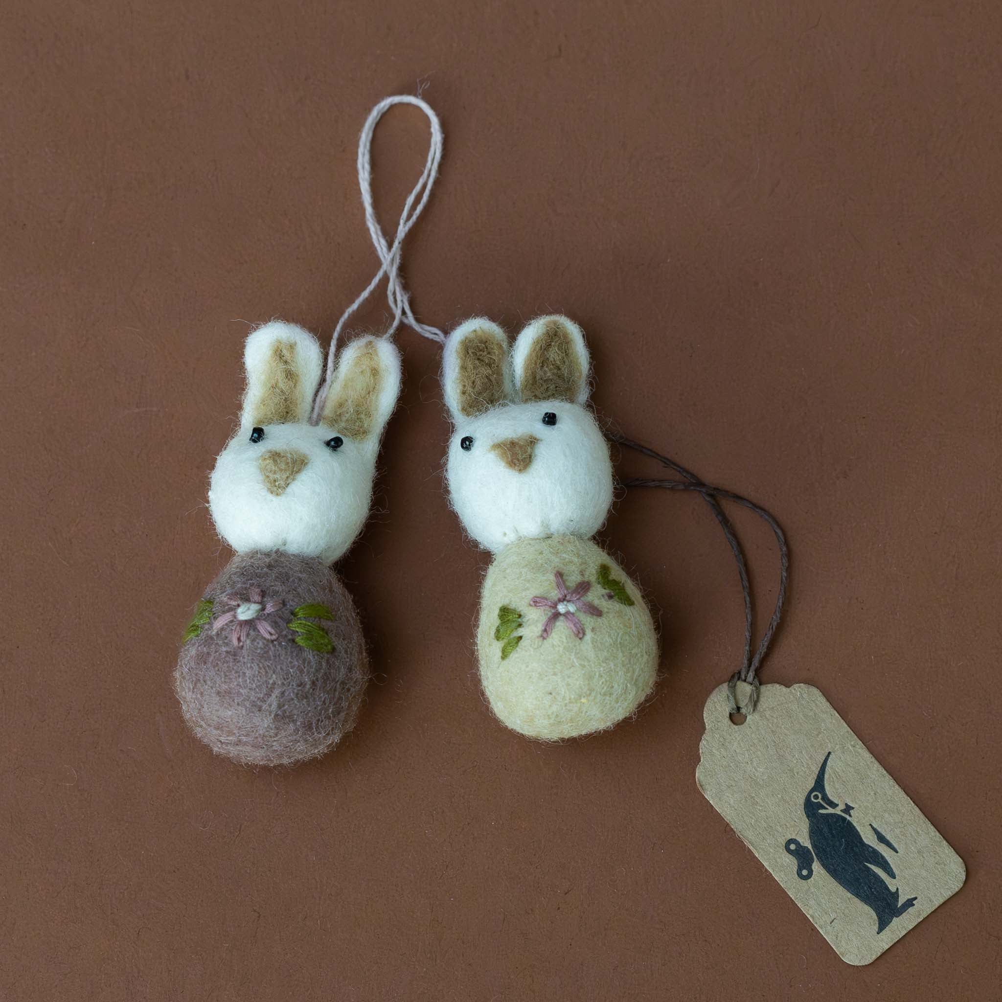 Felted Pom Pom Bunny Ornament Set | White Mauve with Flower Embroidery