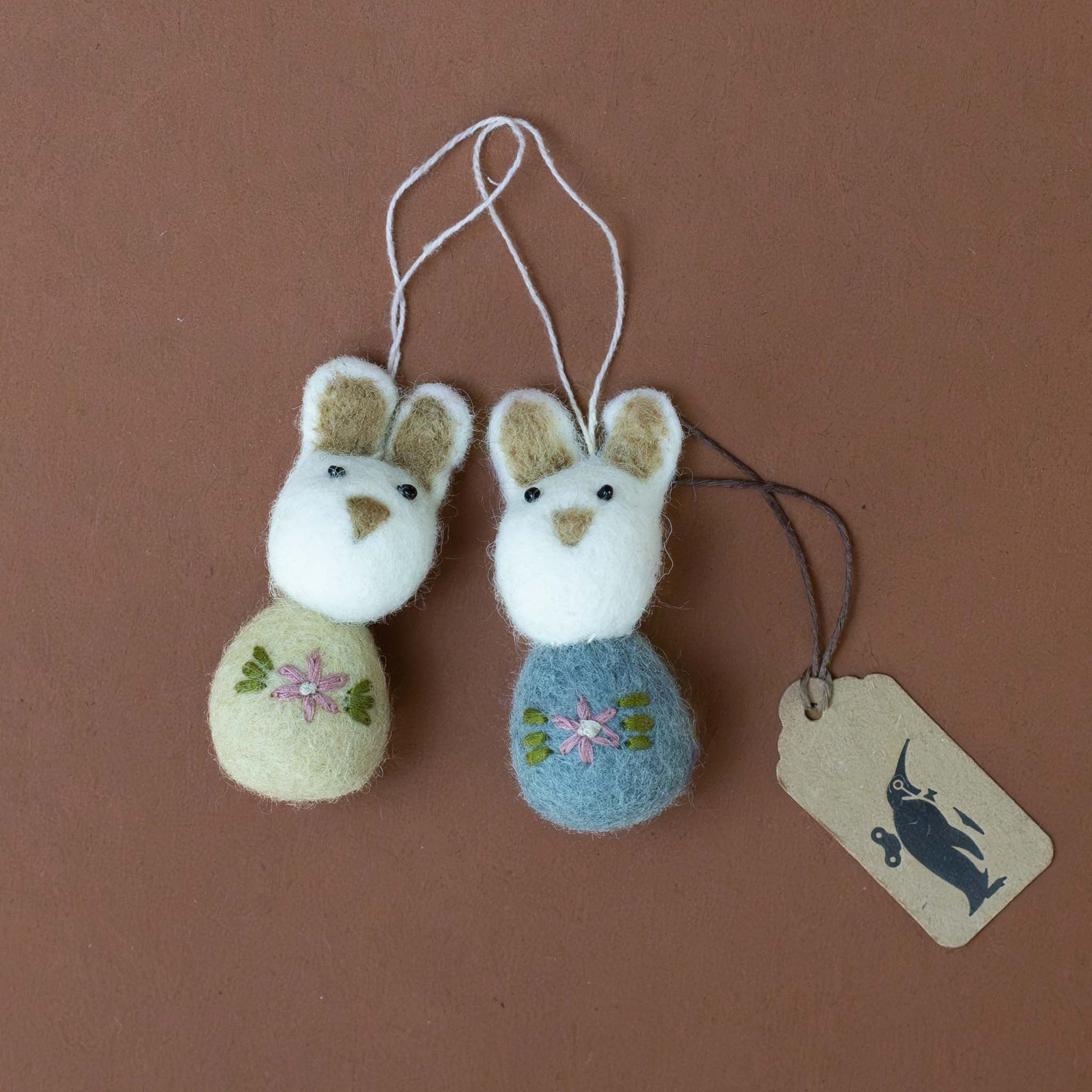 Felted Pom Pom Bunny Ornament Set | White Sea Blue with Flower Embroidery