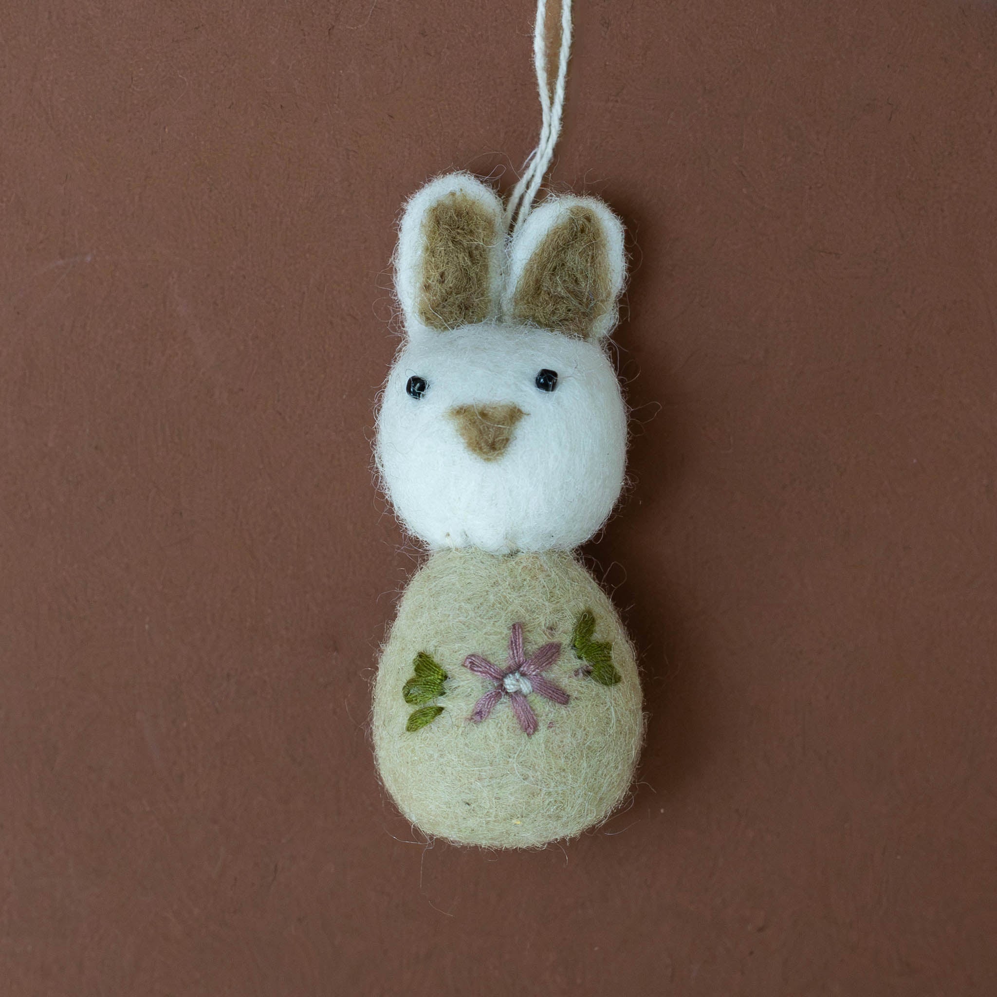Felted Pom Pom Bunny Ornament | White & Flax with Flower Embroidery
