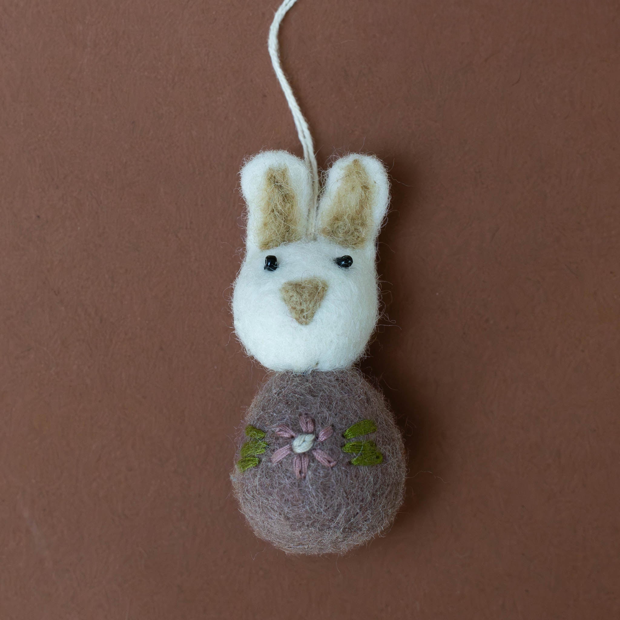 Felted Pom Pom Bunny Ornament | White & Mauve with Flower Embroidery