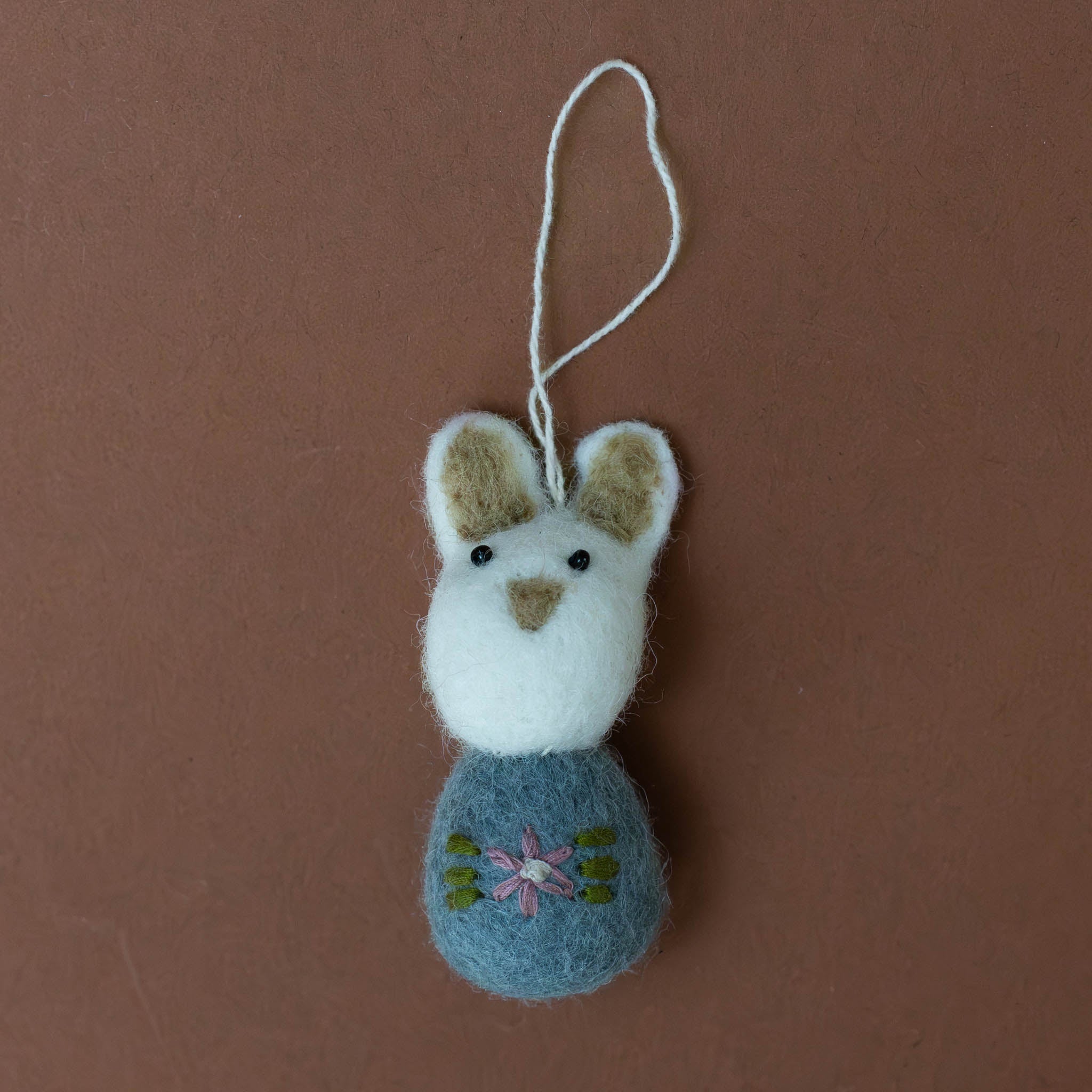 Felted Pom Pom Bunny Ornament | White/Sea Blue w/ Flower Embroidery