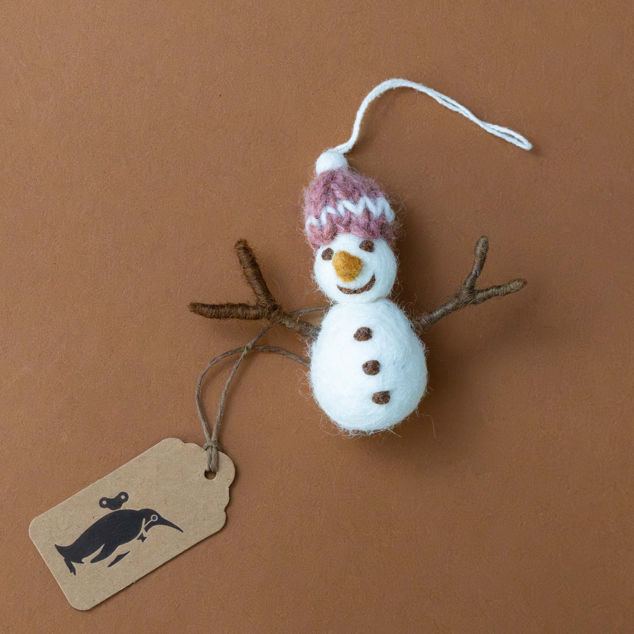 Felted Snowman Ornament | Mauve Knit Hat