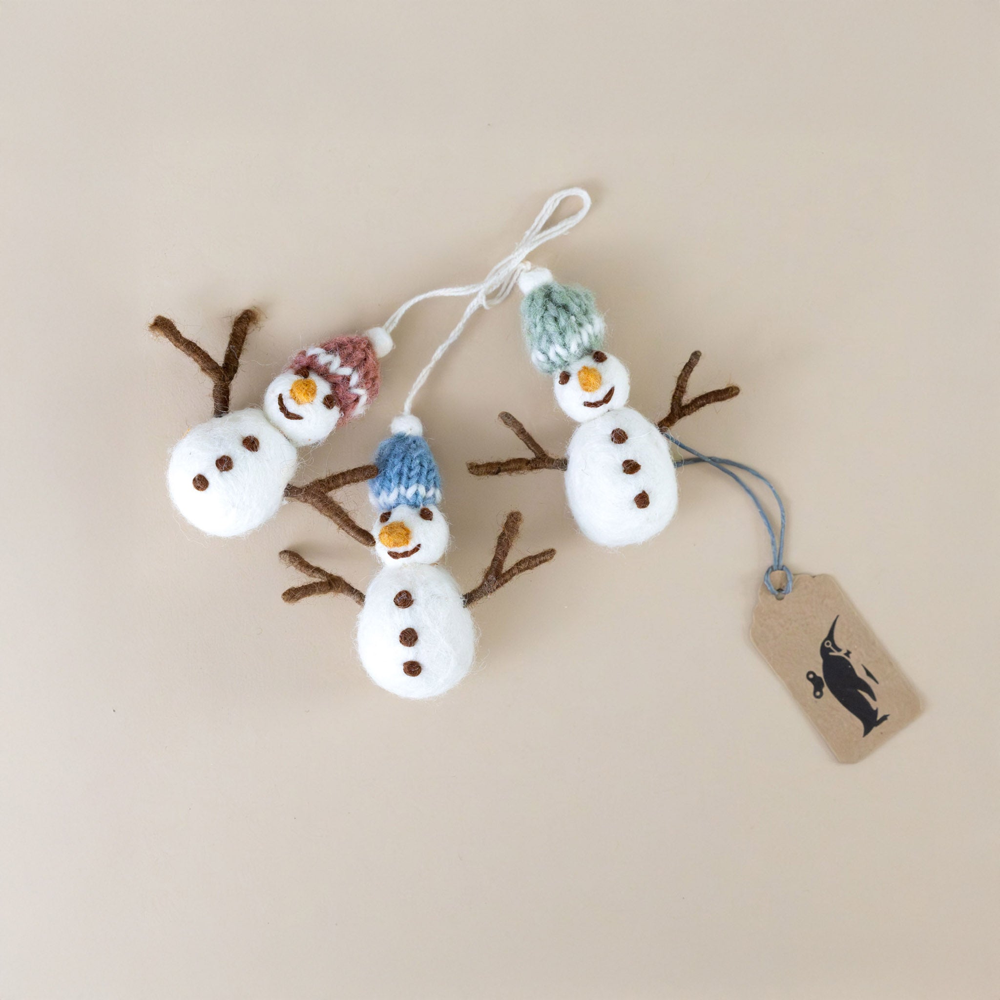 Felted Snowman with Knit Hats Ornament Trio