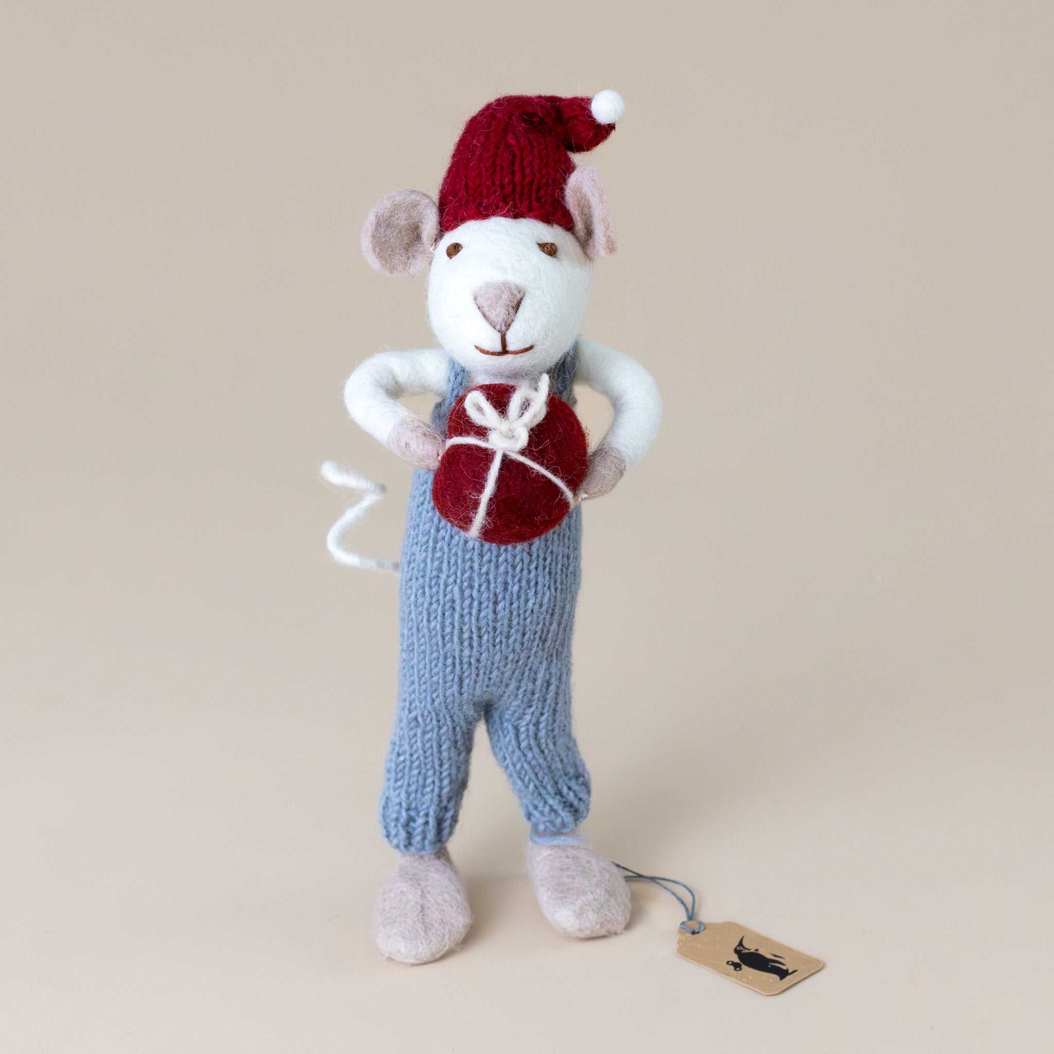 Felted White Mouse | Blue Overalls with Red Present