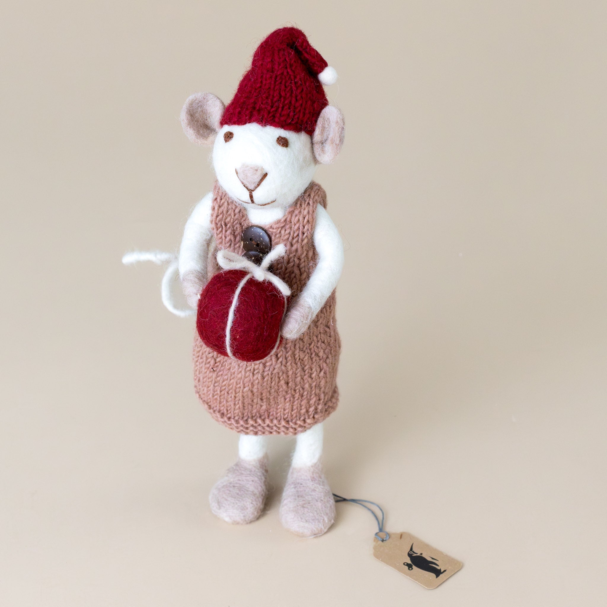Felted White Mouse | Mauve Dress with Red Present