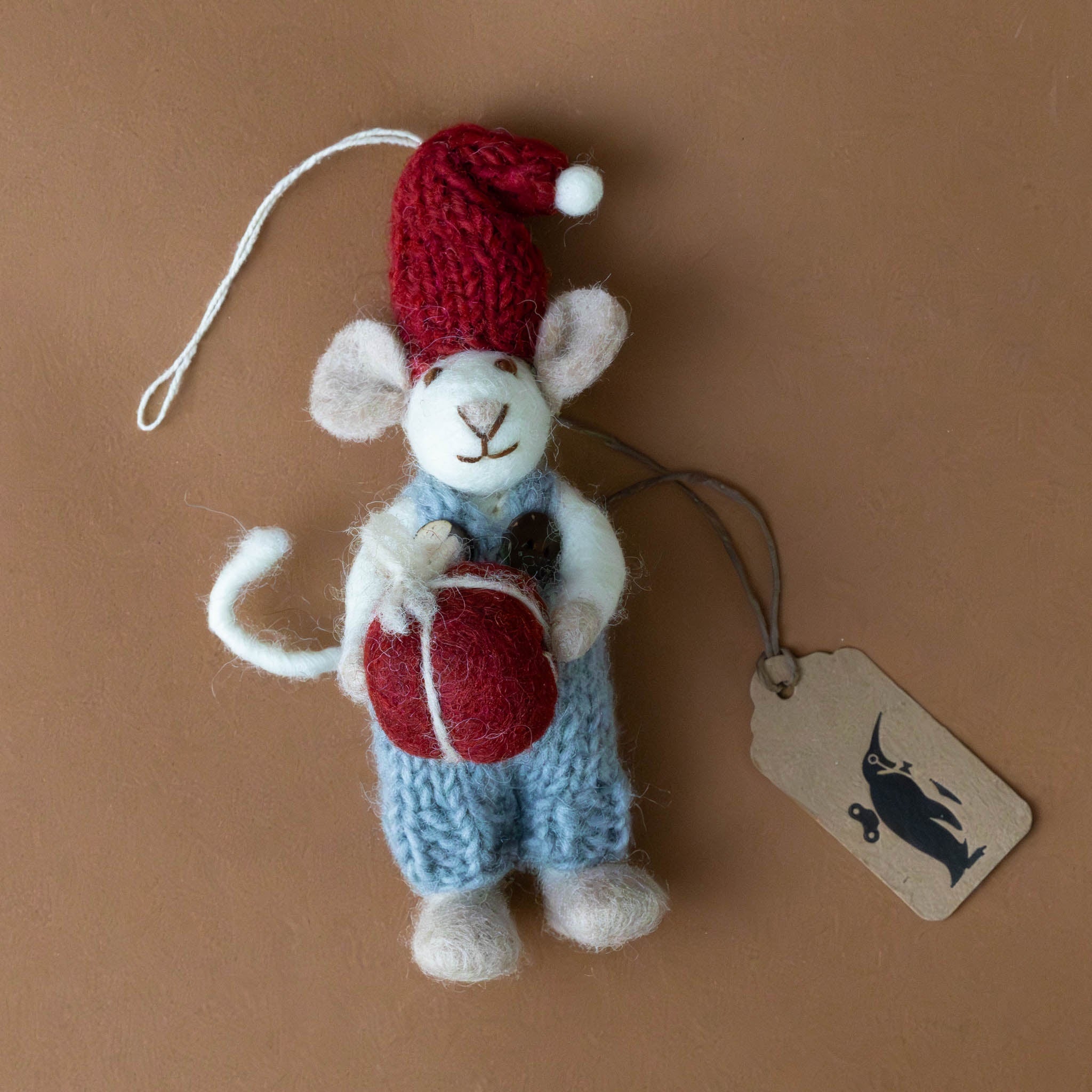 Felted White Mouse Ornament | Blue Overalls with Red Present