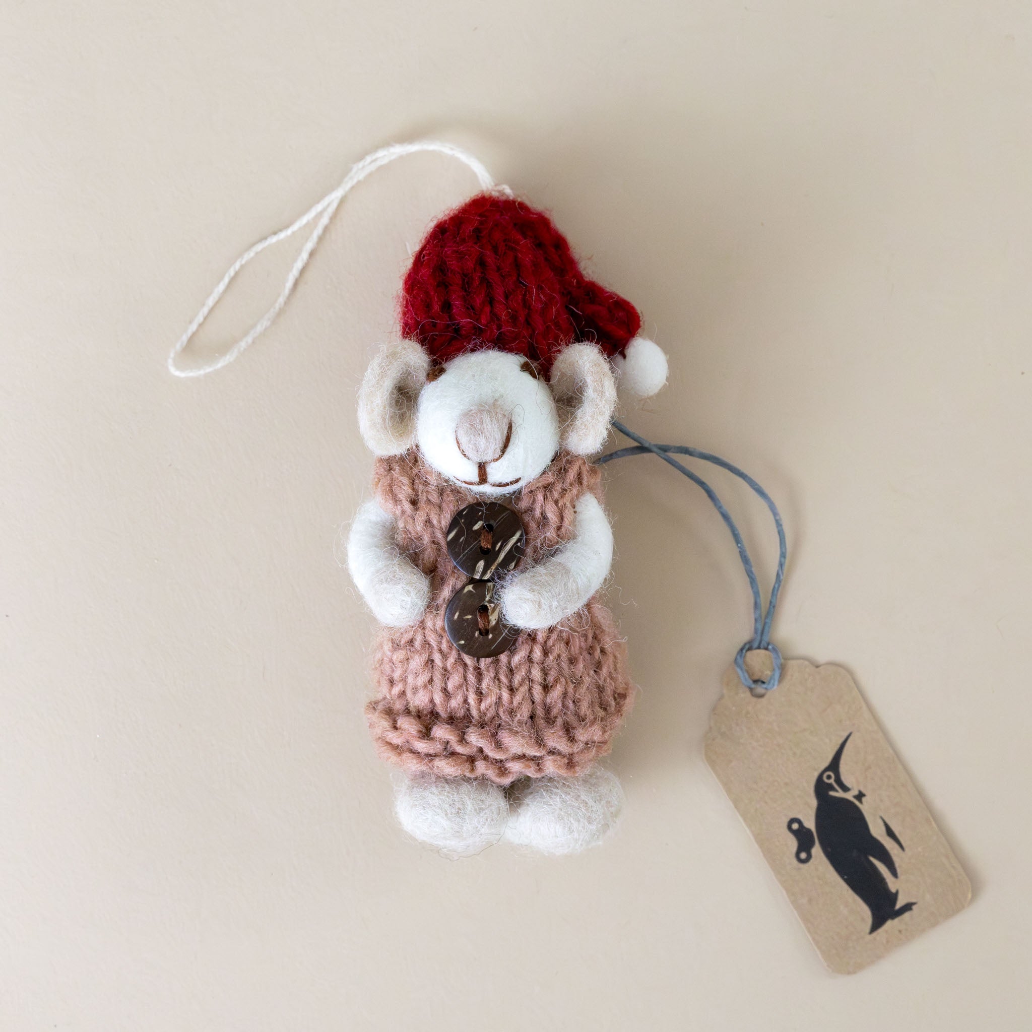 Felted White Mouse Ornament | Mauve Dress, Brown Buttons & Red Hat