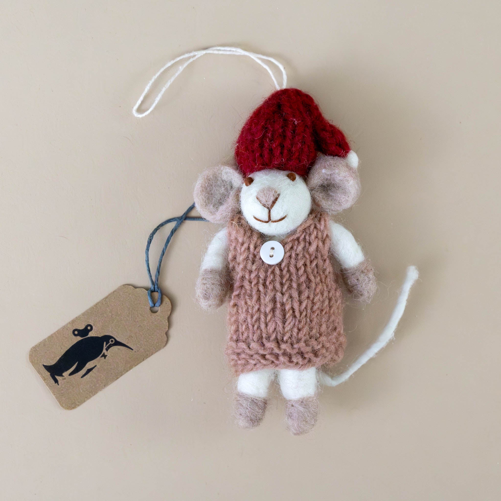 Felted White Mouse Ornament | Mauve Dress, White Button & Red Hat