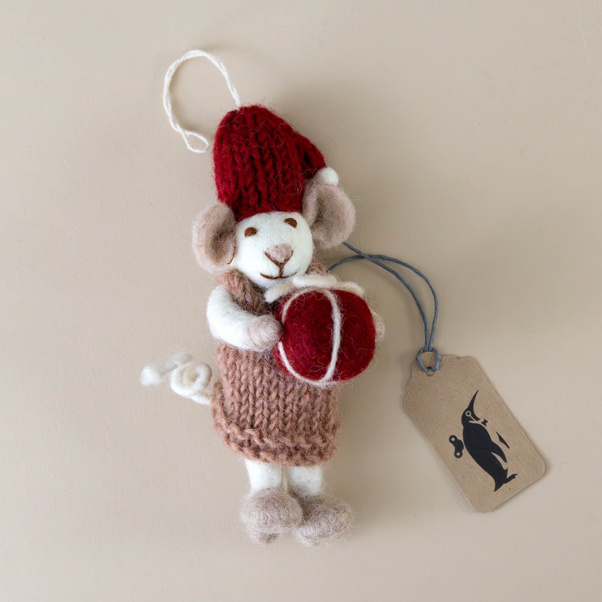 Felted White Mouse Ornament | Mauve Dress with Red Present