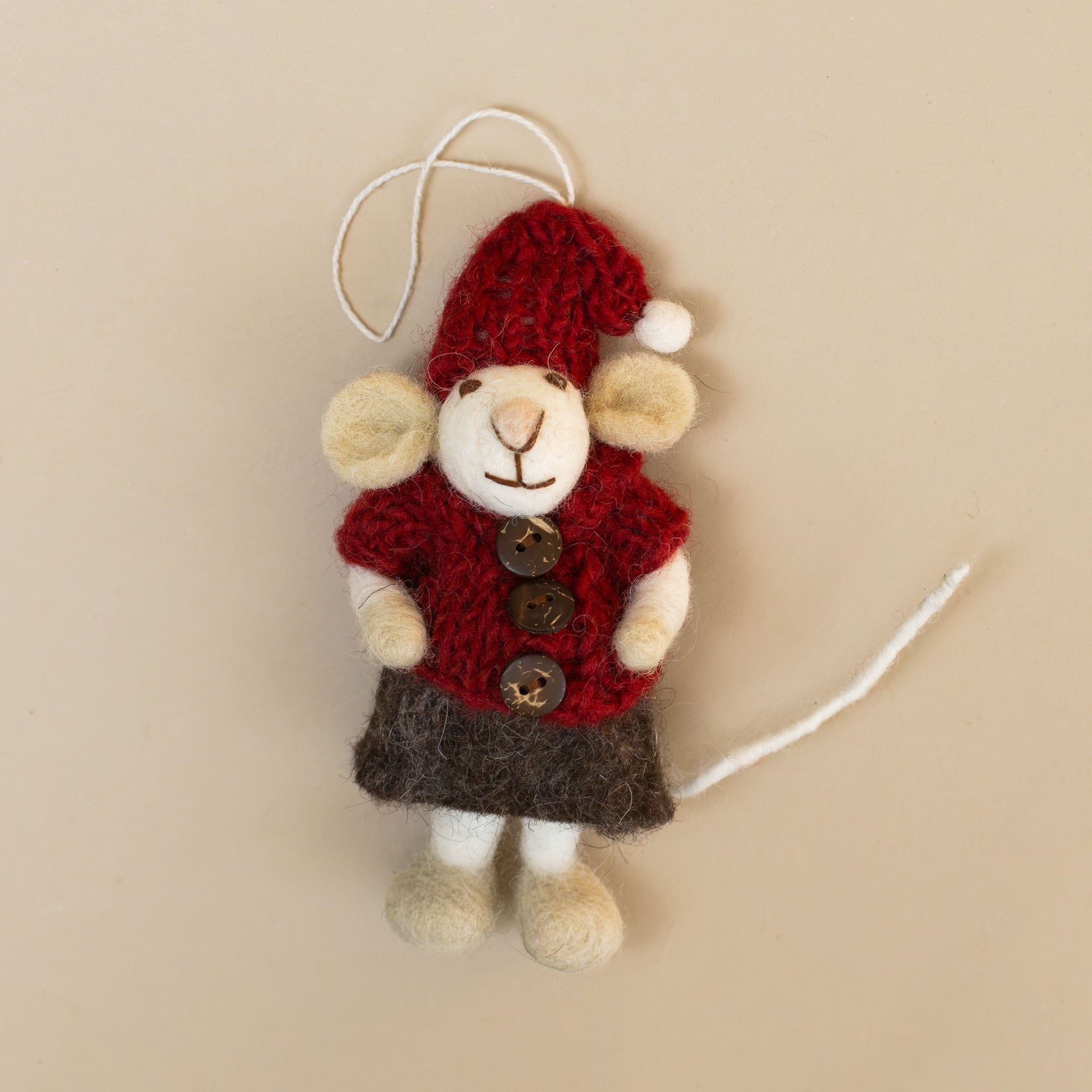 Felted White Mouse Ornament | Grey Skirt with Red Jacket & Hat
