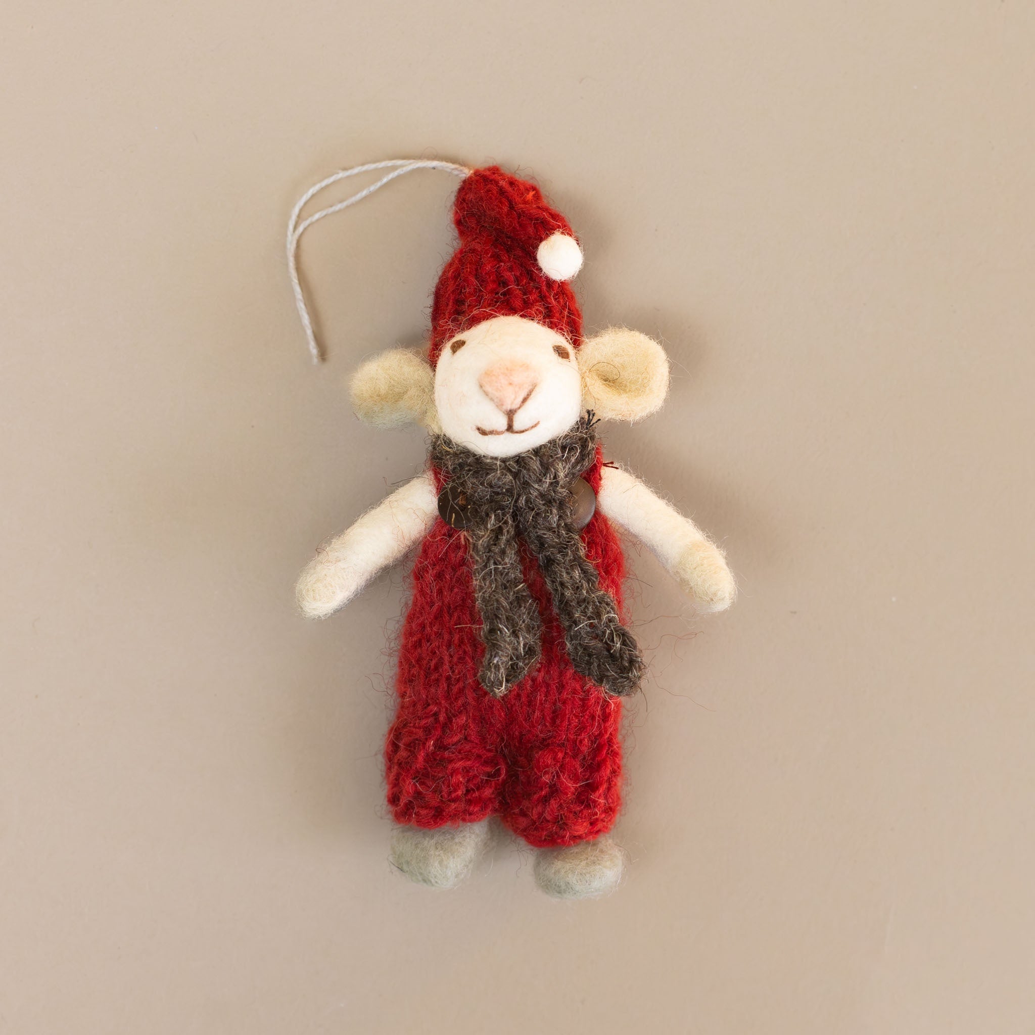 Felted White Mouse Ornament | Red Overalls with Hat & Grey Scarf