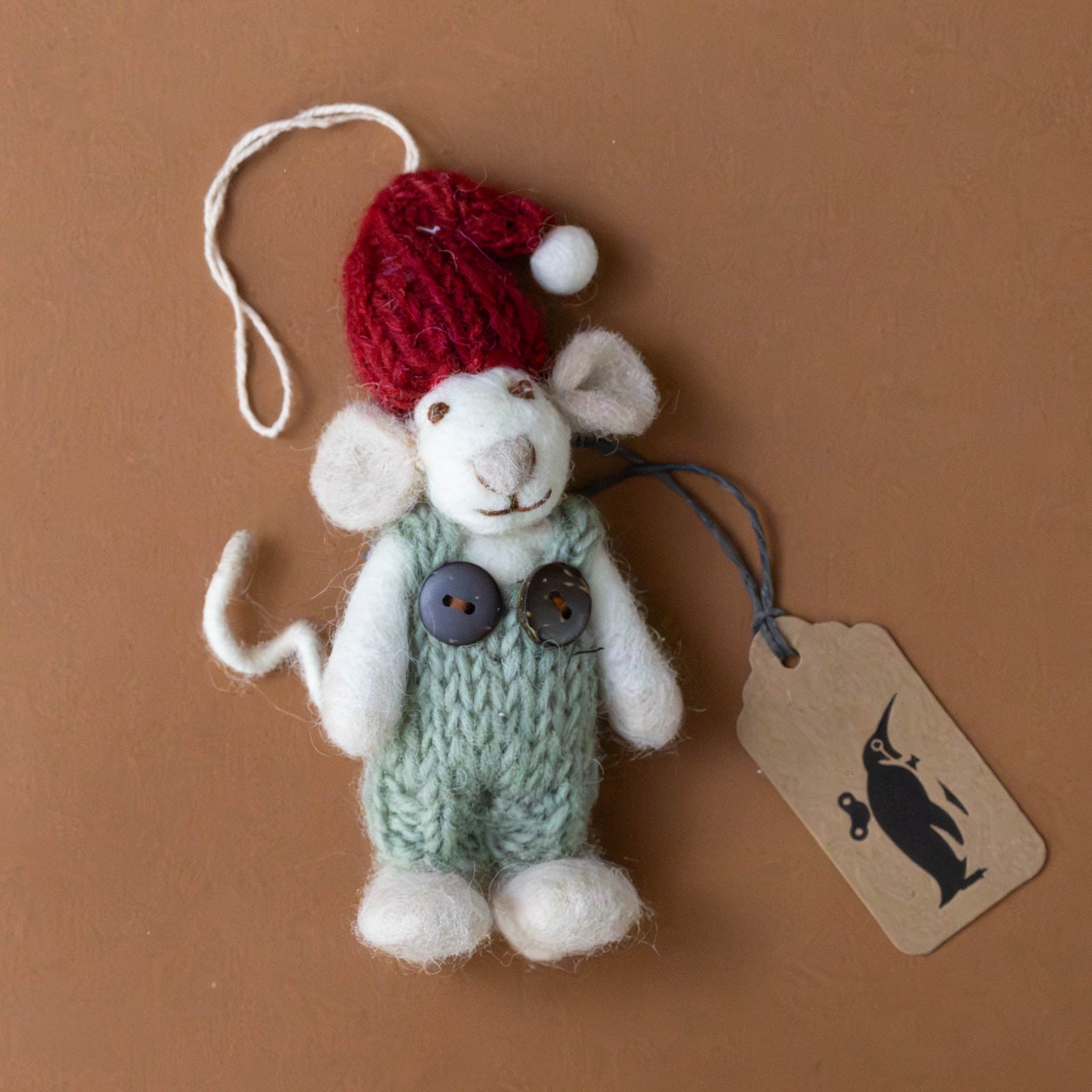 Felted White Mouse Ornament | Sage Overalls & Red Hat