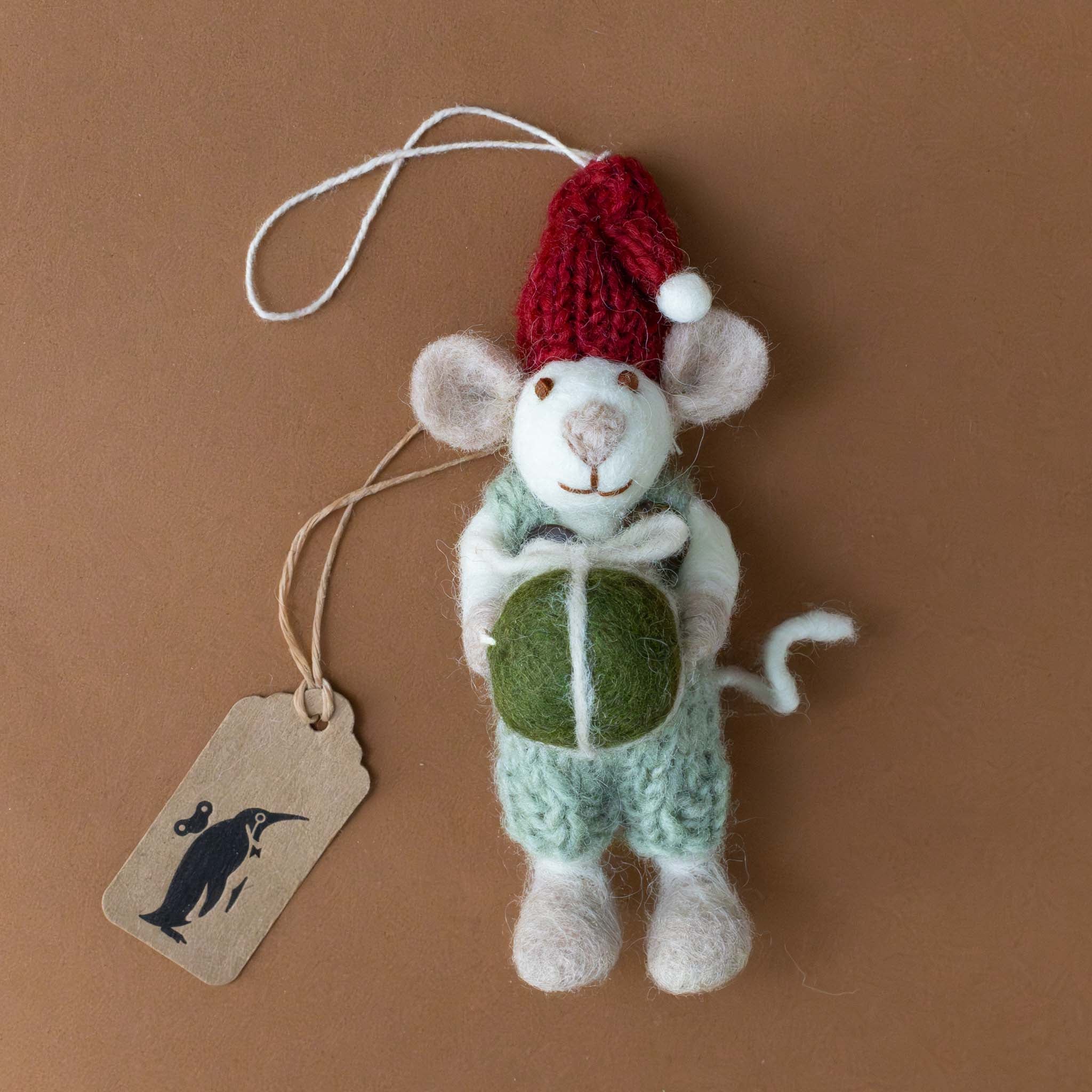Felted White Mouse Ornament | Sage Overalls with Green Present