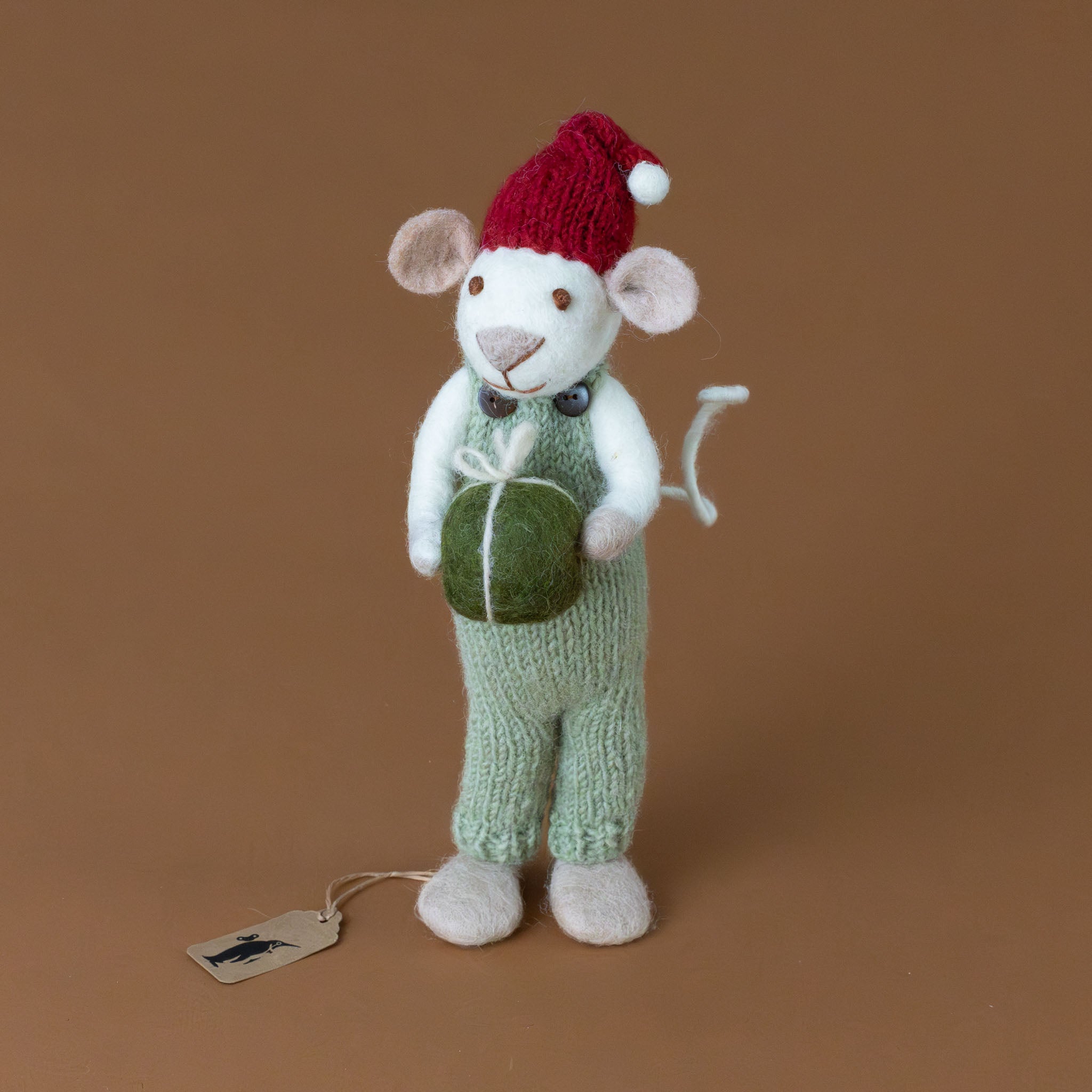 Felted White Mouse | Sage Overalls with Green Present