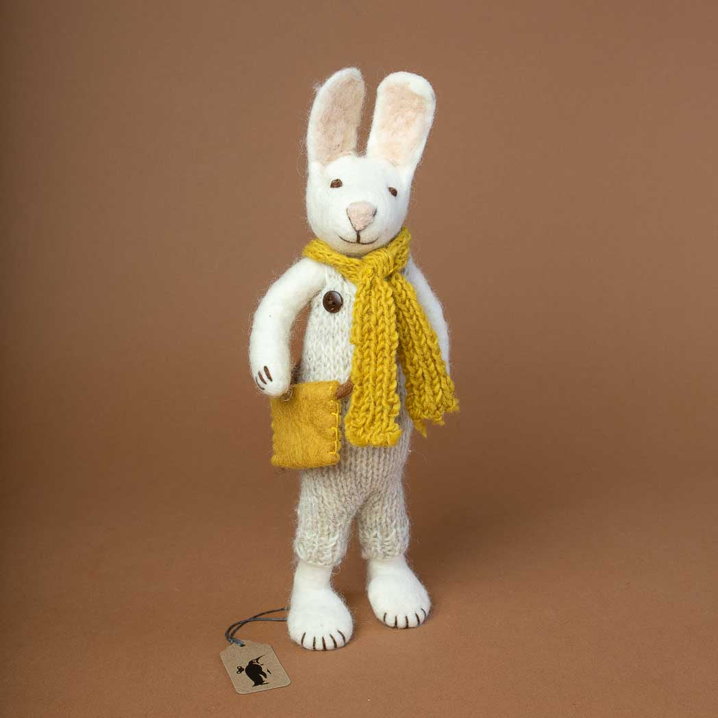 Felted White Rabbit | Heather Overalls with Ochre Scarf & Bag