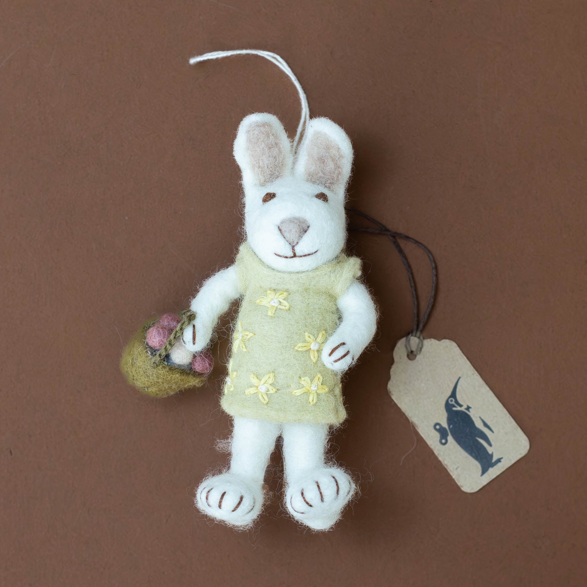 Felted White Rabbit Ornament | Flax Flower Dress with Rose Egg Basket