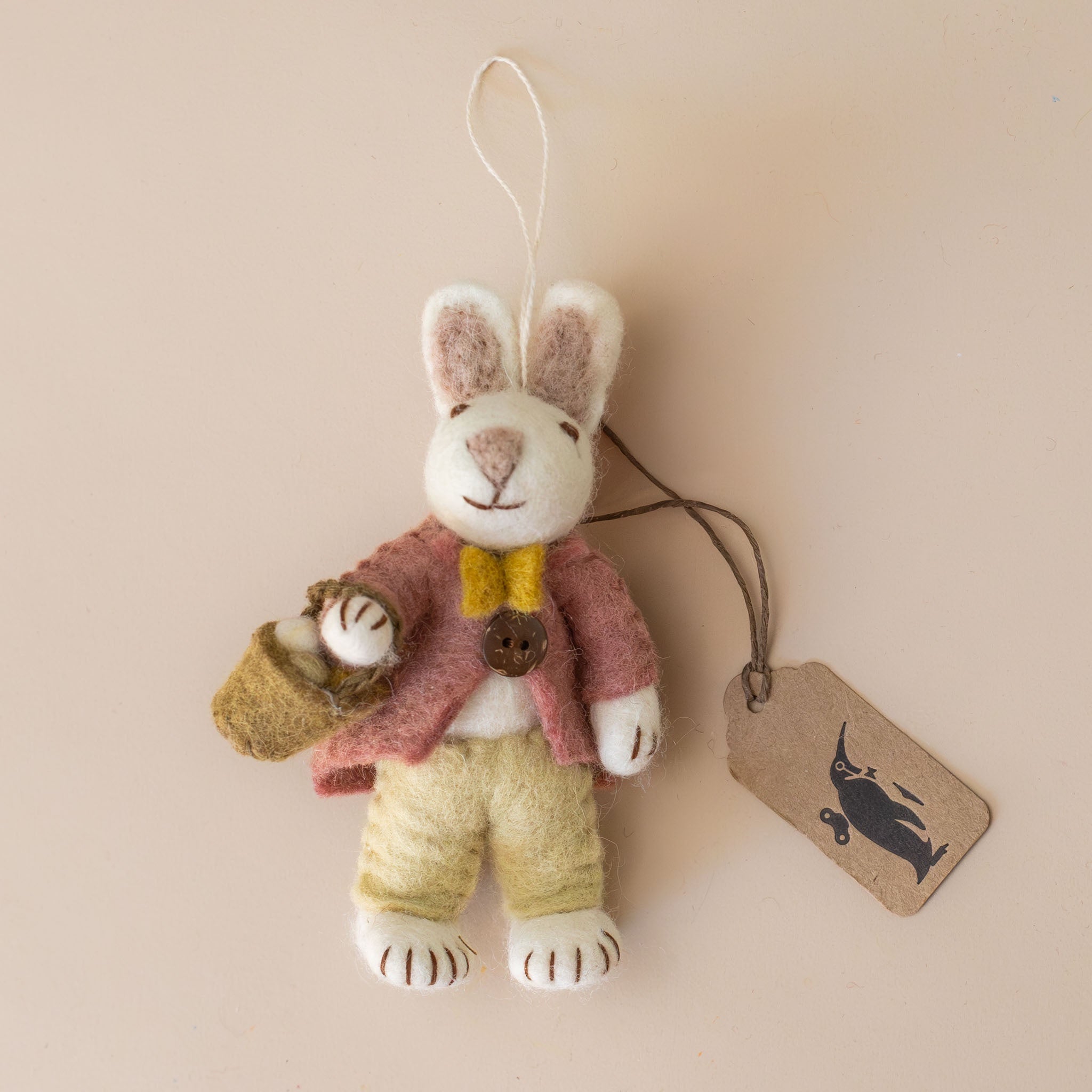 Felted White Rabbit Ornament | Rose Jacket with Egg Basket