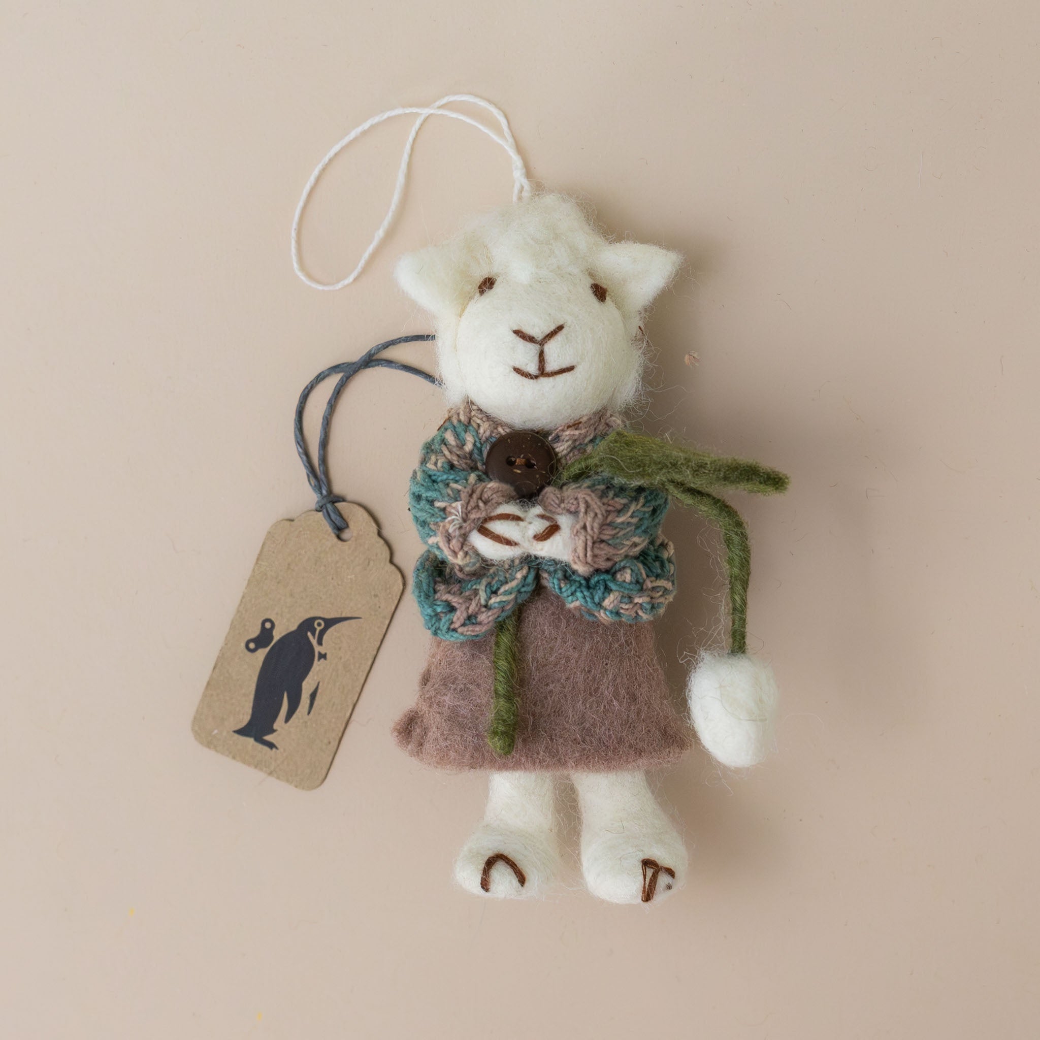 Felted White Sheep Ornament | Marble Mauve Sweater w/ Snowdrop