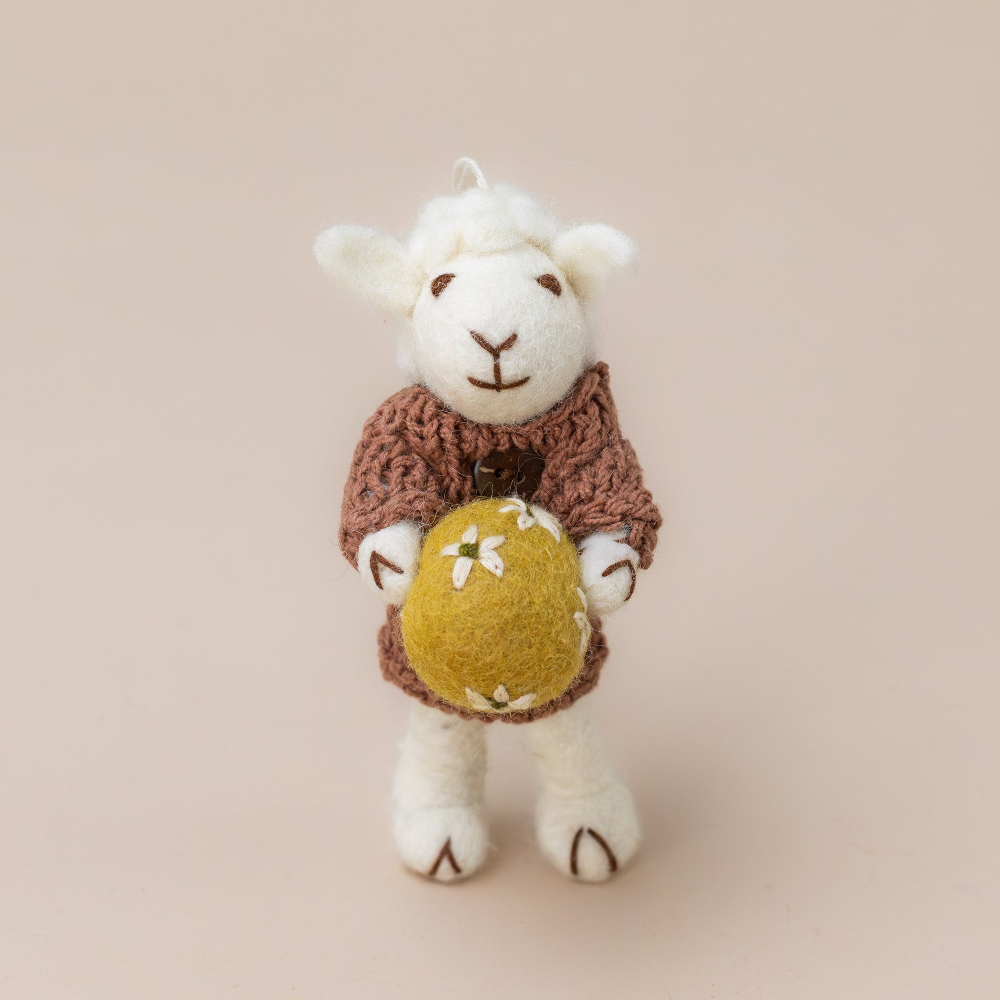 Felted White Sheep Ornament | Mauve Dress with Ochre Egg