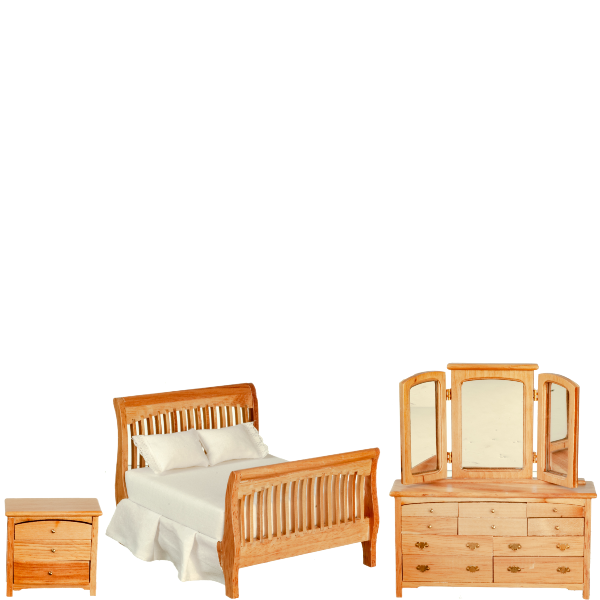 3-Piece Finished Oak Dollhouse Miniature Bedroom Set