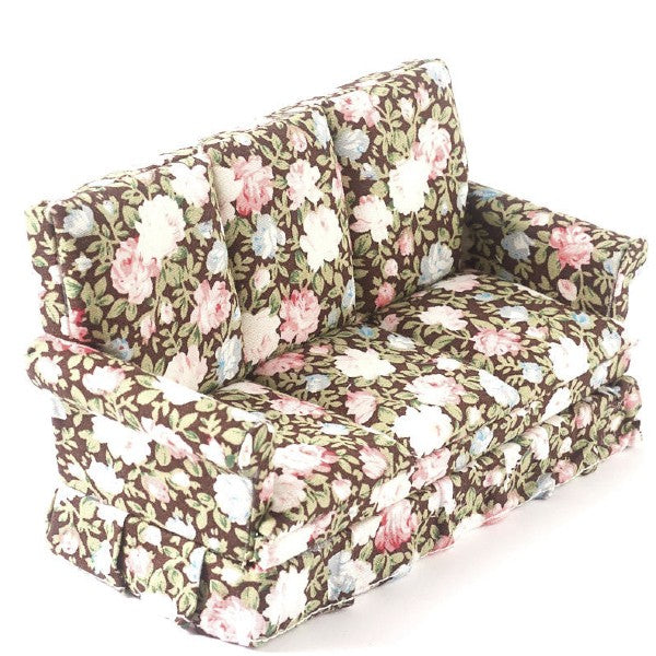 Brown Floral Dollhouse Miniature Sofa