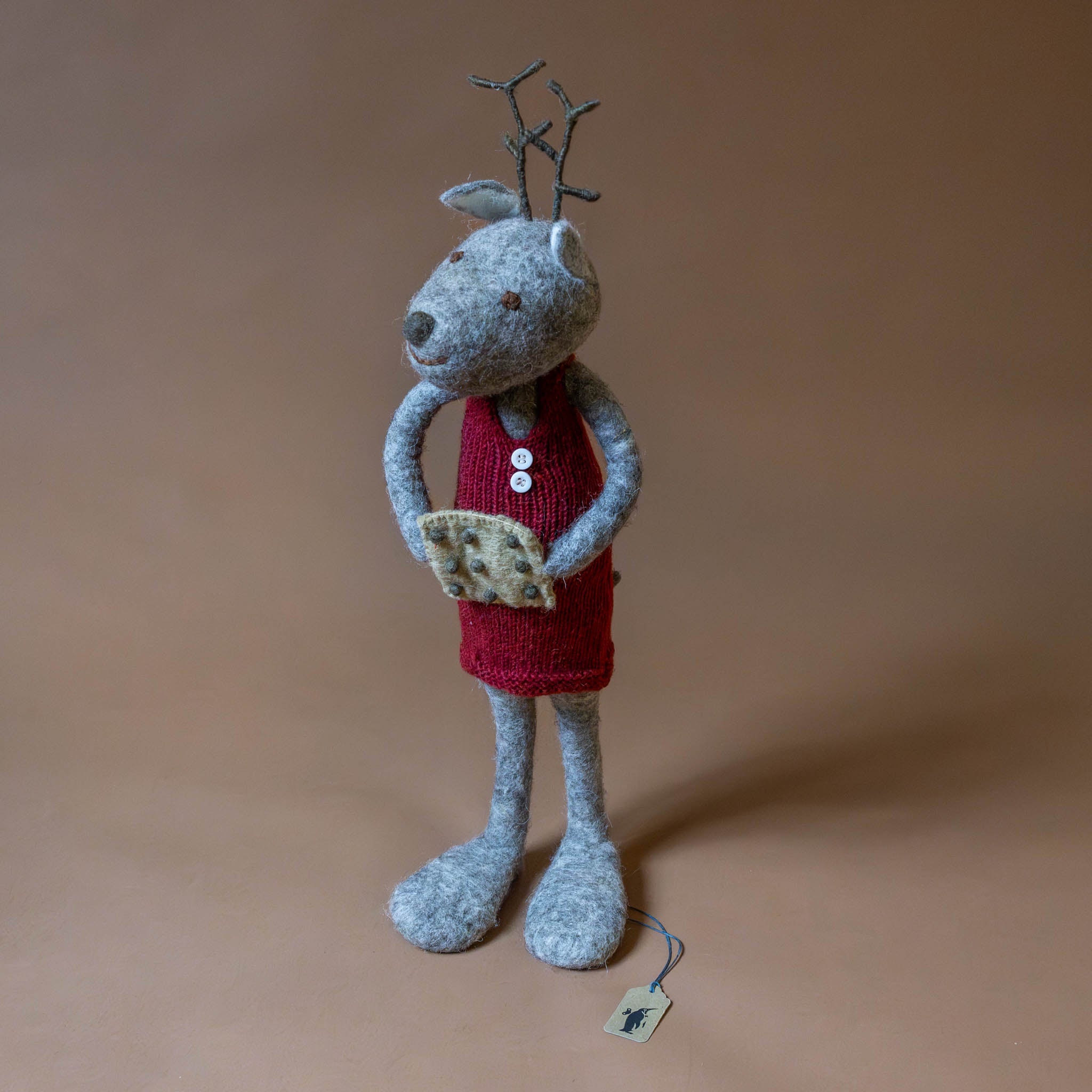 Jumbo Felted Grey Deer | Red Knit Dress with Baking Tray