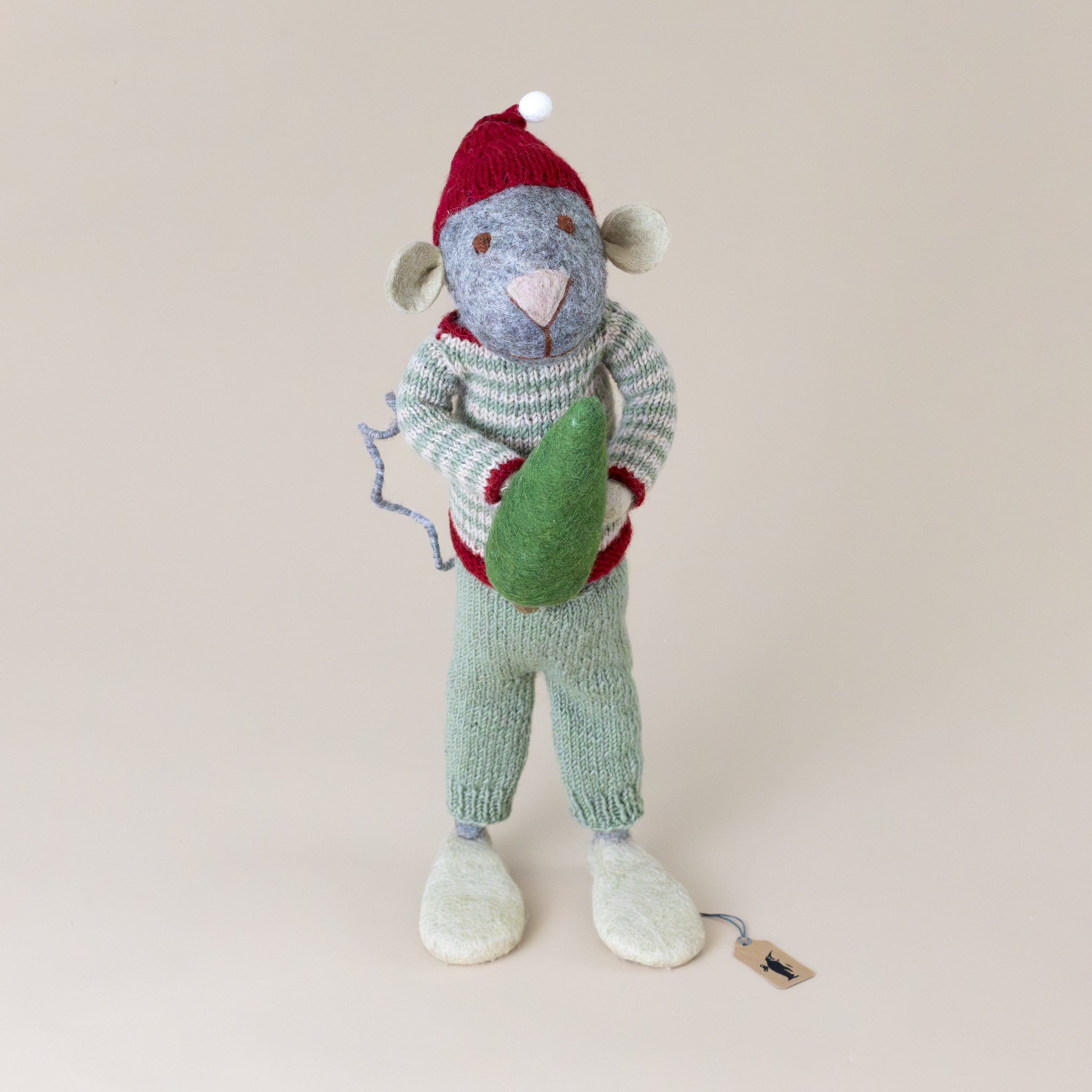 Jumbo Felted Grey Mouse | Sage Stripe Shirt & Pants with Tree