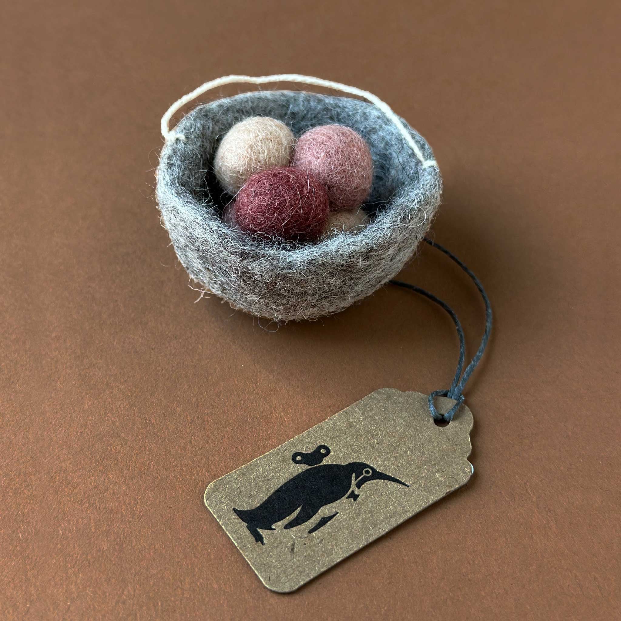 Little Felted Nest Ornament | Grey with Rose Eggs