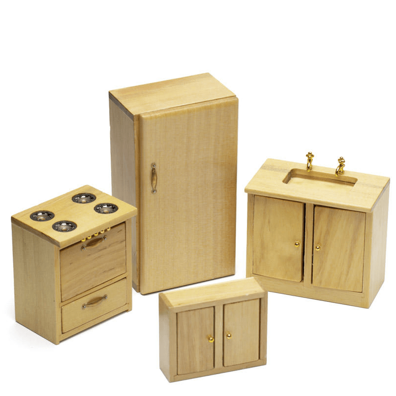 4-Piece Dollhouse Miniature Oak Kitchen Set