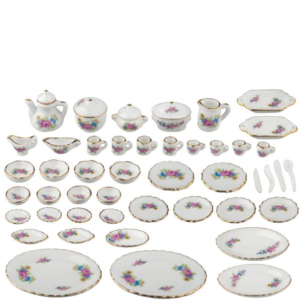50-Piece Pink Floral Dollhouse Miniature Tea Set