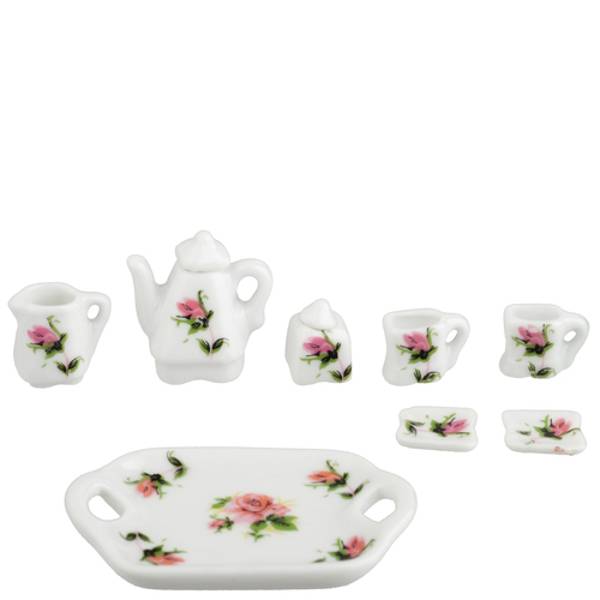 8-Piece Dollhouse Miniature Pink Rose Coffee Set