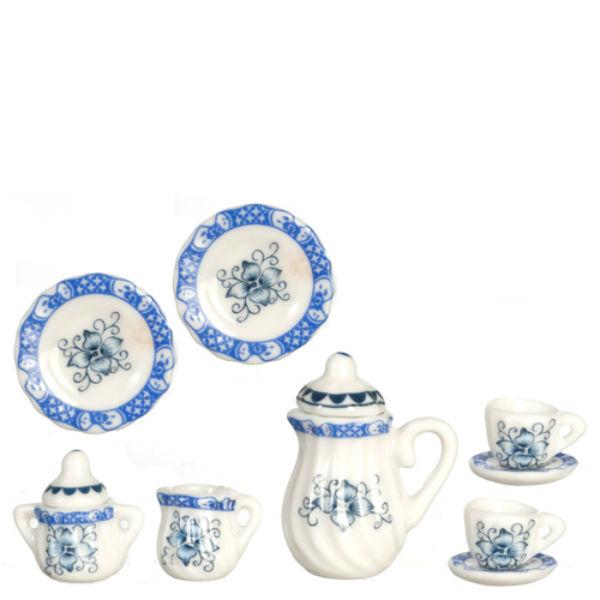 11-Piece Blue Floral Dollhouse Miniature Tea Set