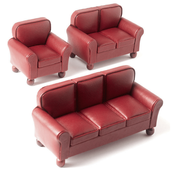 3-Piece Red Leather Dollhouse Miniature Living Room Set