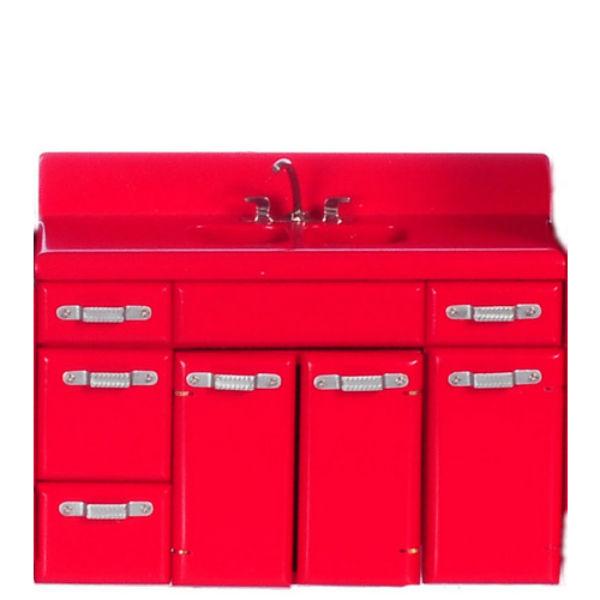 Red Dollhouse Miniature Double Kitchen Sink with Cabinets