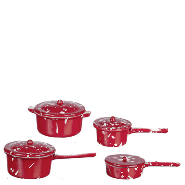 Red Spatter Dollhouse Miniature Pots & Pans