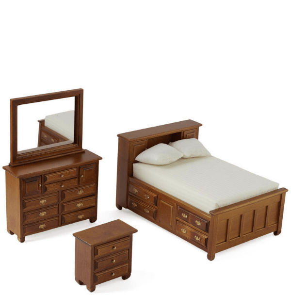 Walnut Dollhouse Miniature Double Bedroom Set