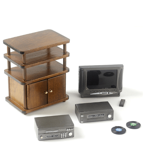 Walnut Dollhouse Miniature Entertainment Center with Accessories