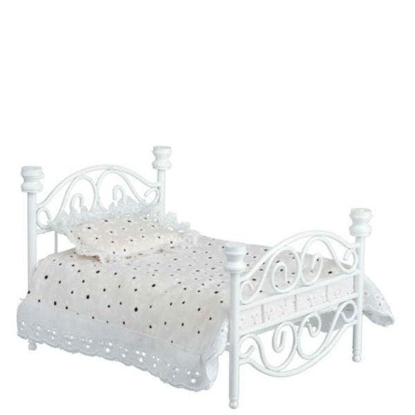 White Metal Dollhouse Miniature Double Bed