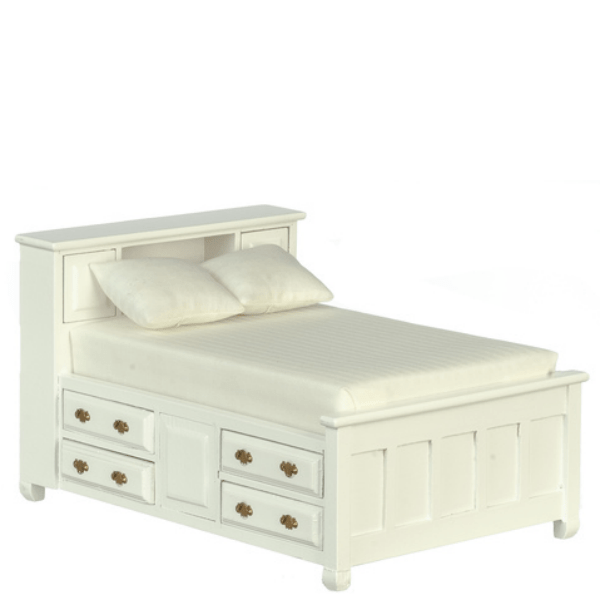 White Dollhouse Miniature Double Bed with Drawers