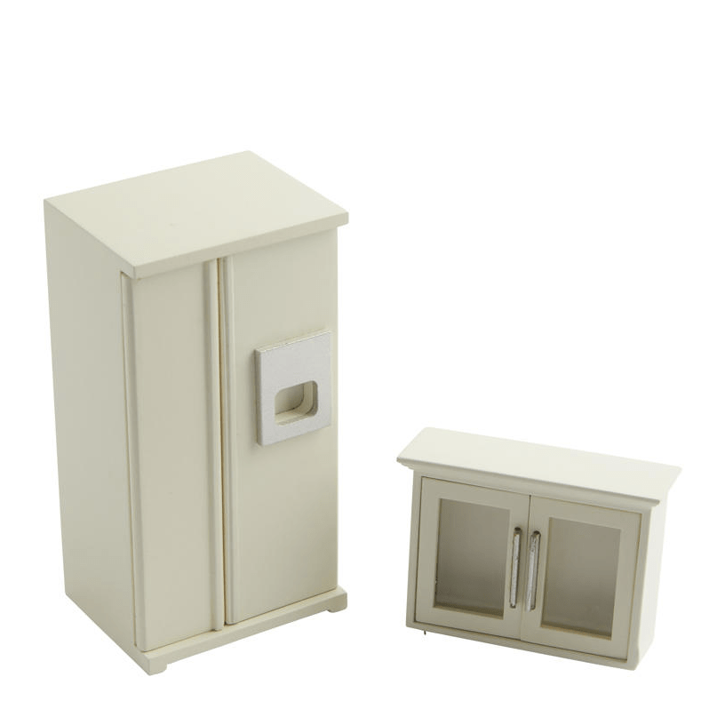 White Dollhouse Miniature Refrigerator & Cabinet