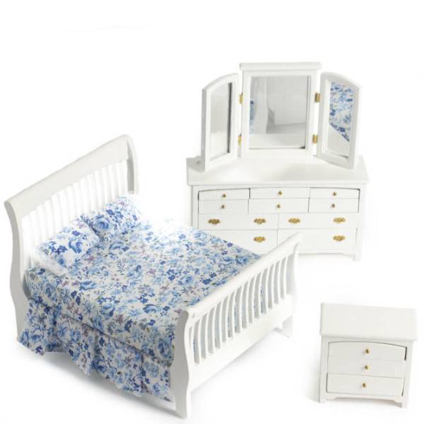 3-Piece White Slat Dollhouse Miniature Bedroom Set